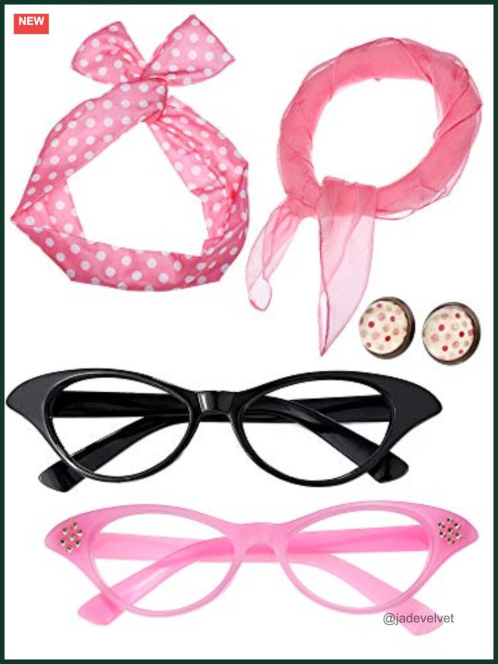 50s Costume Accessories Set Chiffon Scarf Cat Eye Glasses Headband Earrings